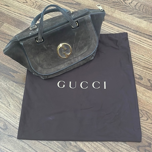 GUCCI Suede Medium 1973 Top Handle Satchel in Olive Brown - Picture 6 of 16